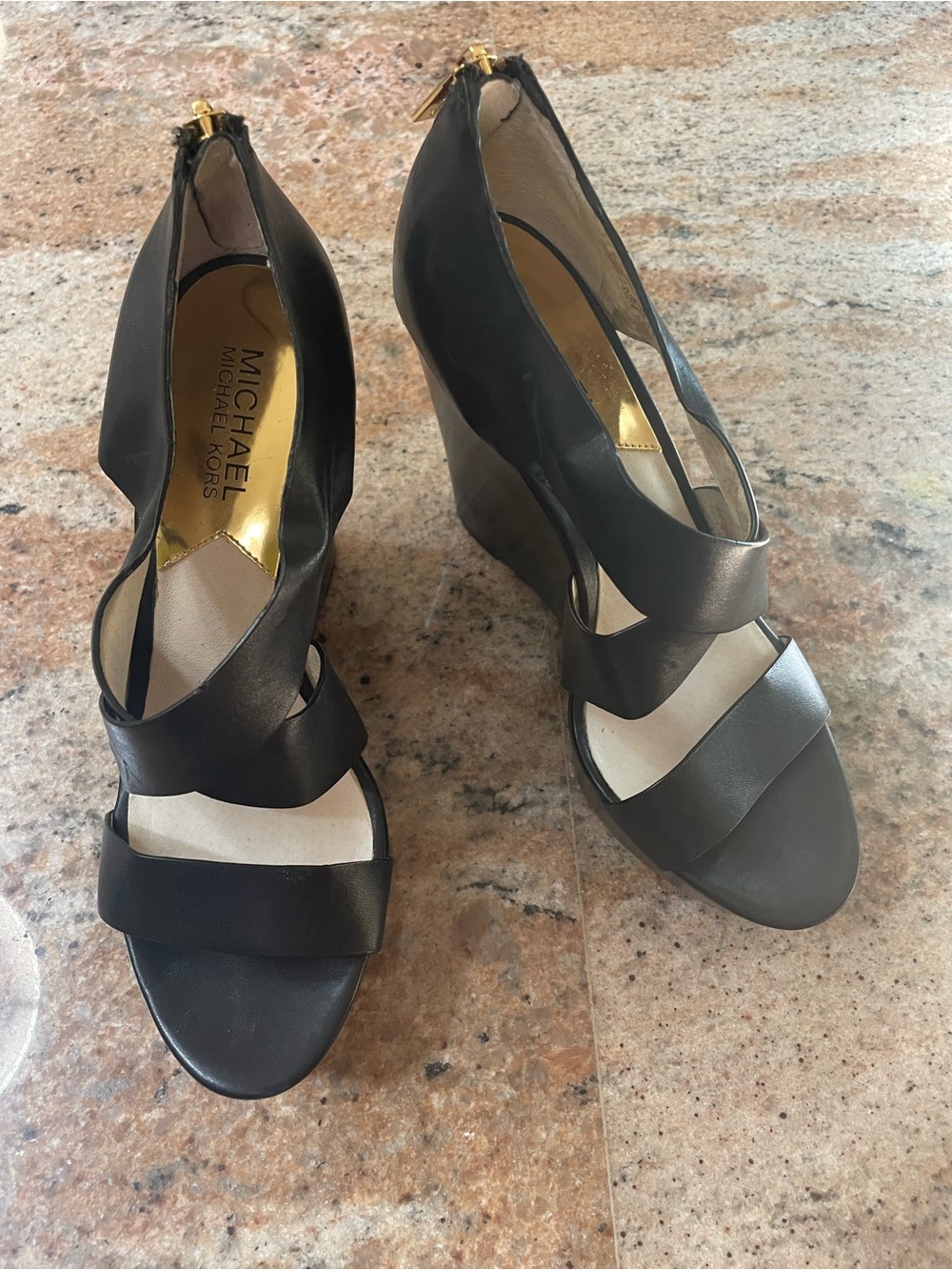 Michael Kors Black Leather Strappy Wedge Sandals